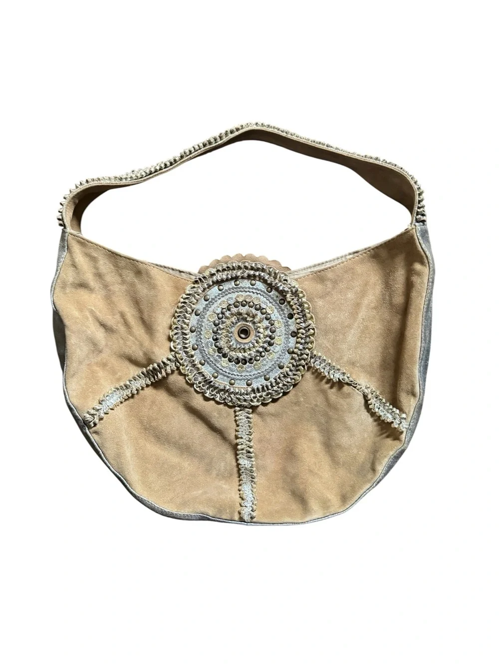 Chico's Tan Suede Hobo with Silver Trim and Studded Medallion Center